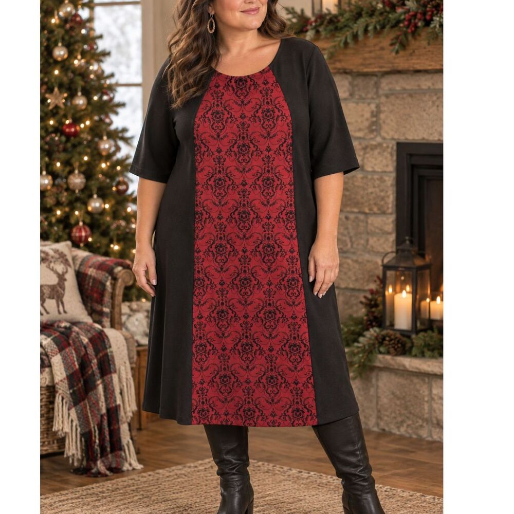 Avenue Dress Womens Plus 30/32 Black Colorblock Damask Shift Knit Midi Classic